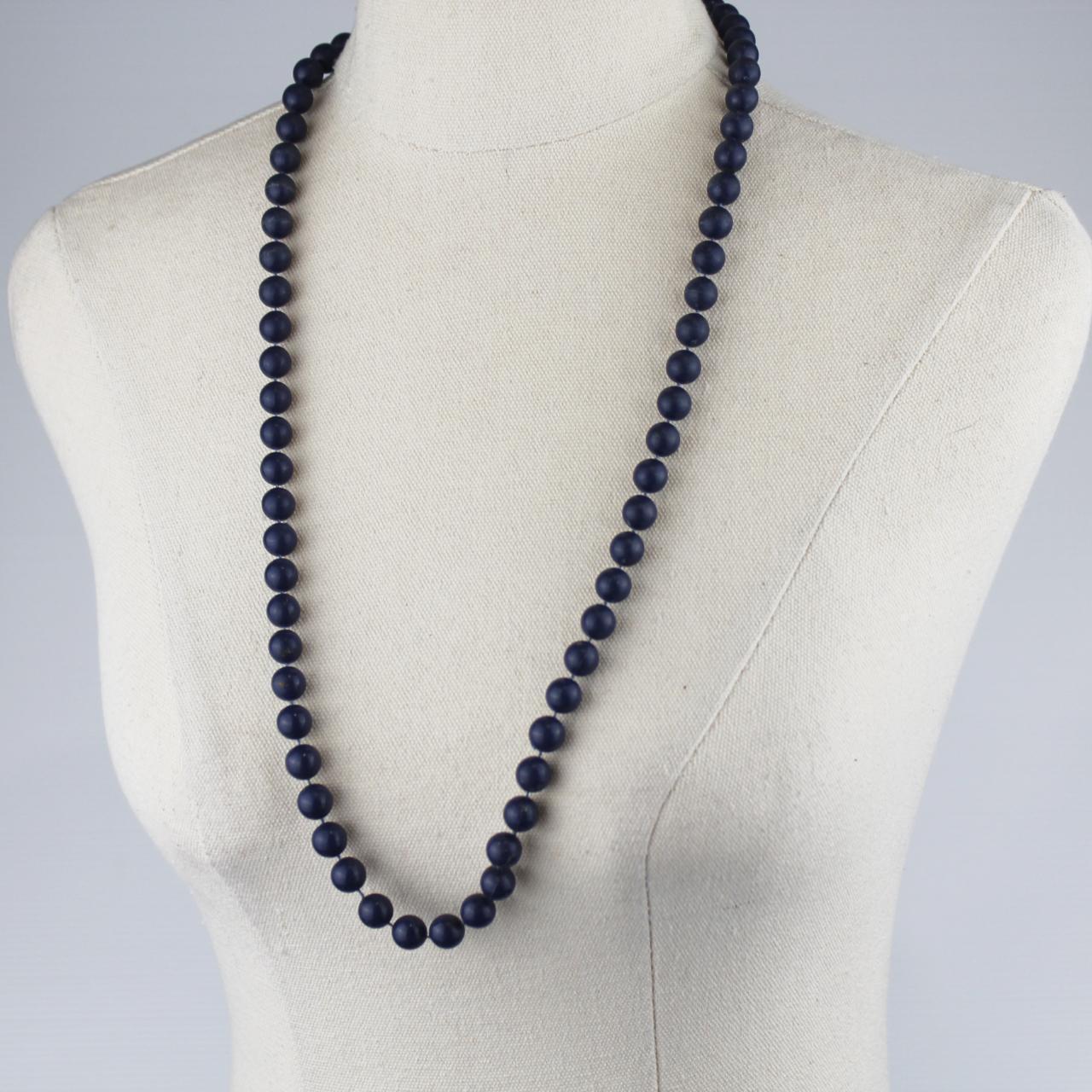 Long Beaded Necklace Dark Blue Round Beads Single Strand Cla