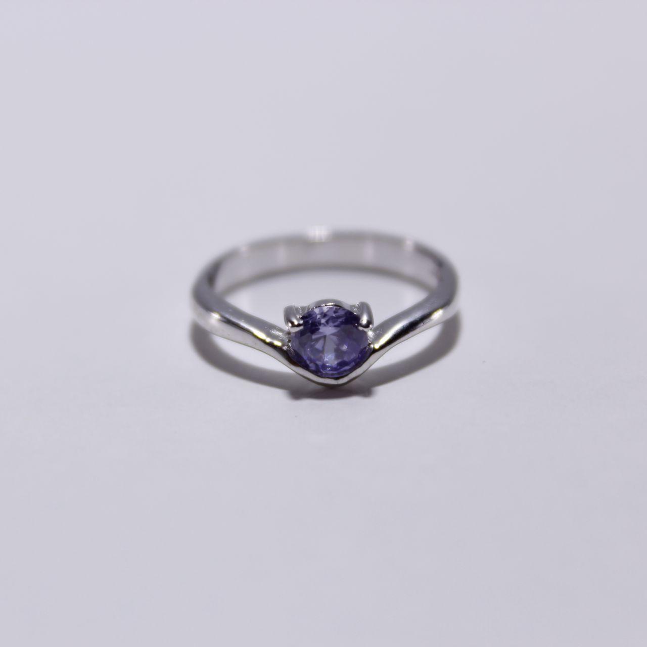 Silver Tone Solitaire Ring Round Purple Colour Stone Minimal