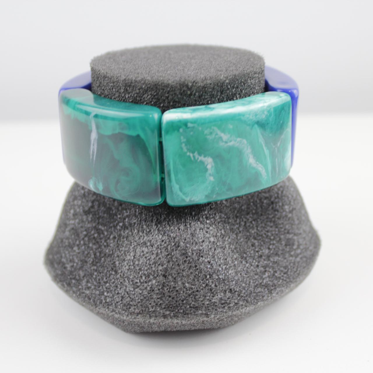Vintage Lucite Bangle Bracelet Chunky Blue Green Marbled Mid