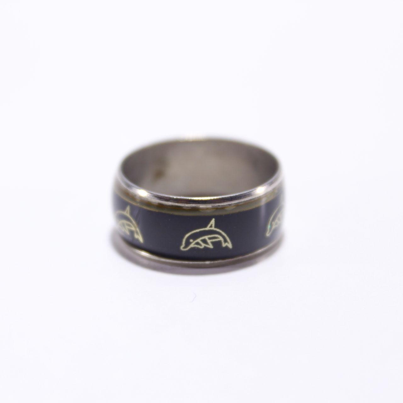 Dolphin Wide Band Ring Black Enamel Inlay Gold Tone Nautical