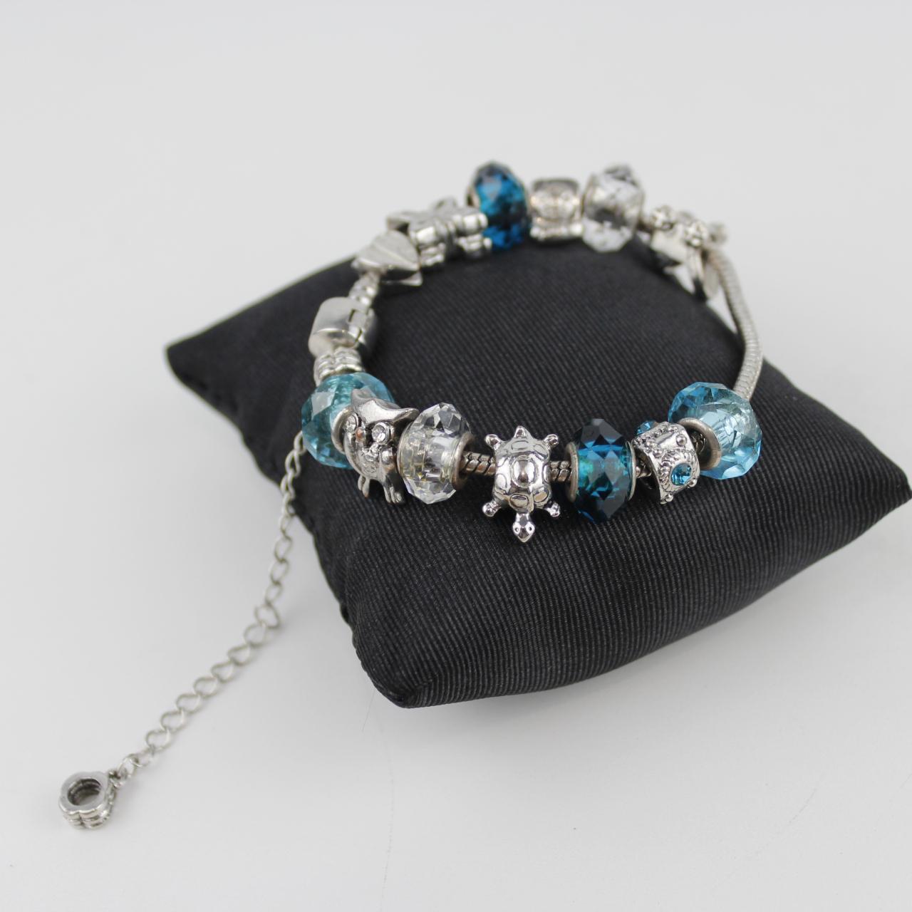 Silver Charm Bracelet Blue Crystal Beads Adjustable Dangle J