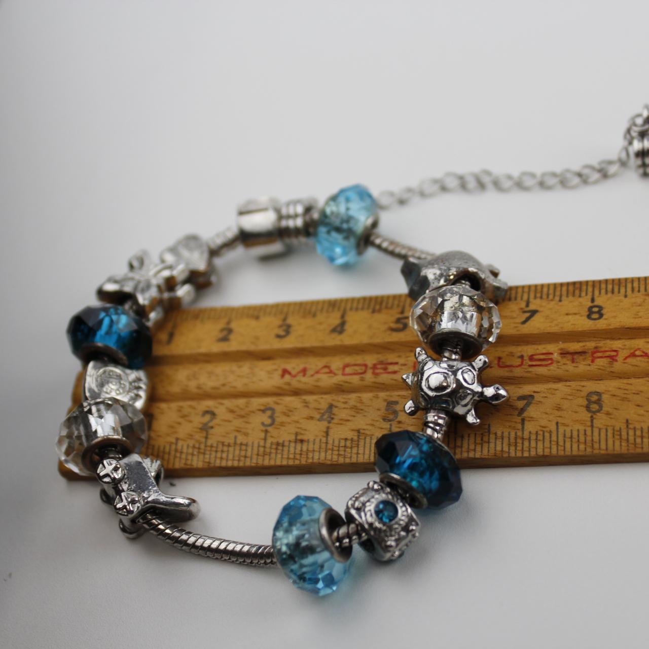 Silver Charm Bracelet Blue Crystal Beads Adjustable Dangle J
