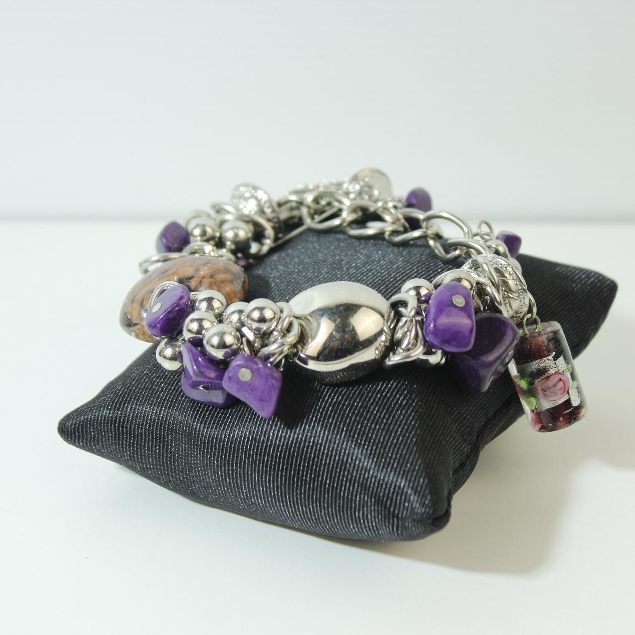 Chunky Silver Tone Charm Bracelet Purple Stone Chips Metallic Beads Large Chain