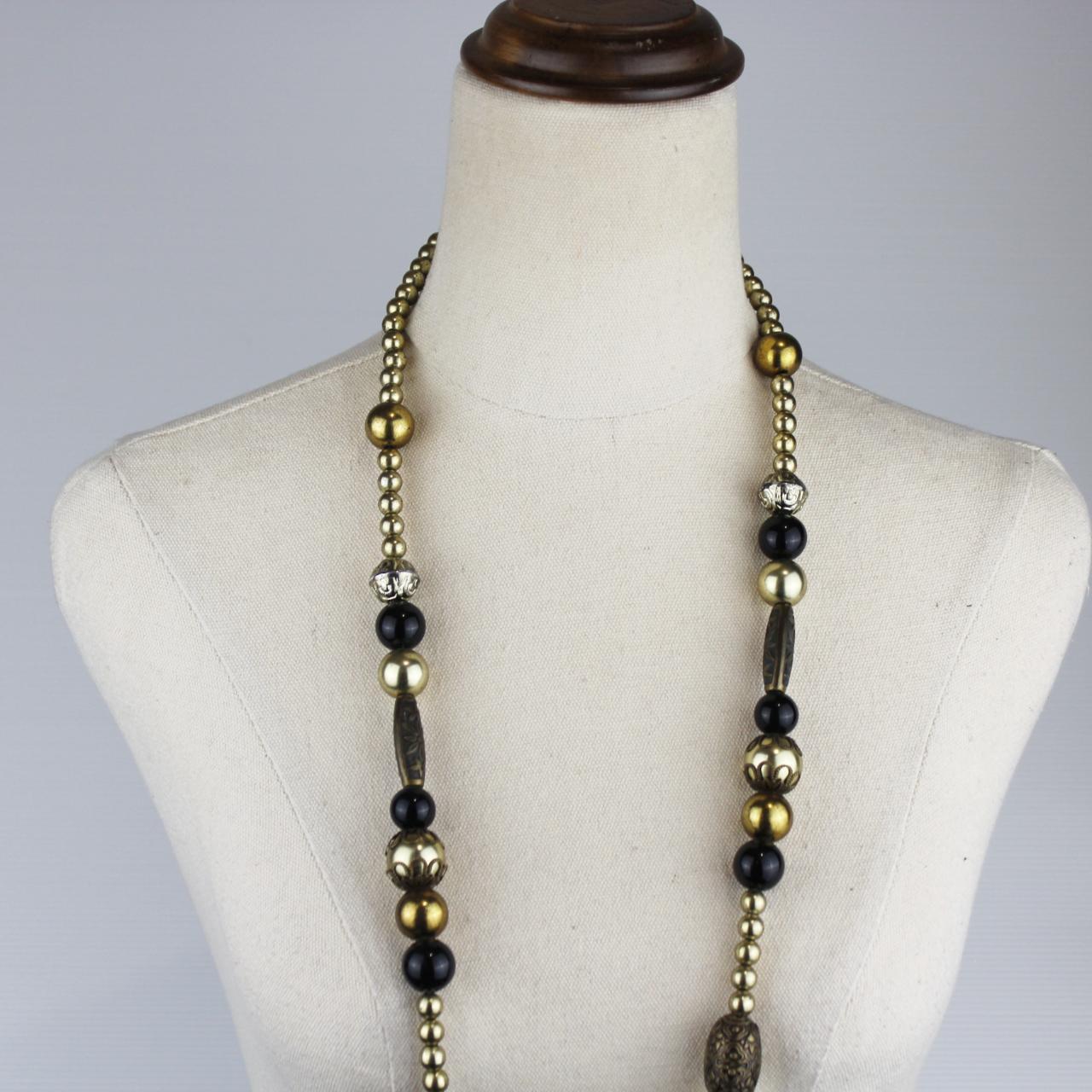Long Beaded Necklace Black Gold Metallic Beads Statement Jew