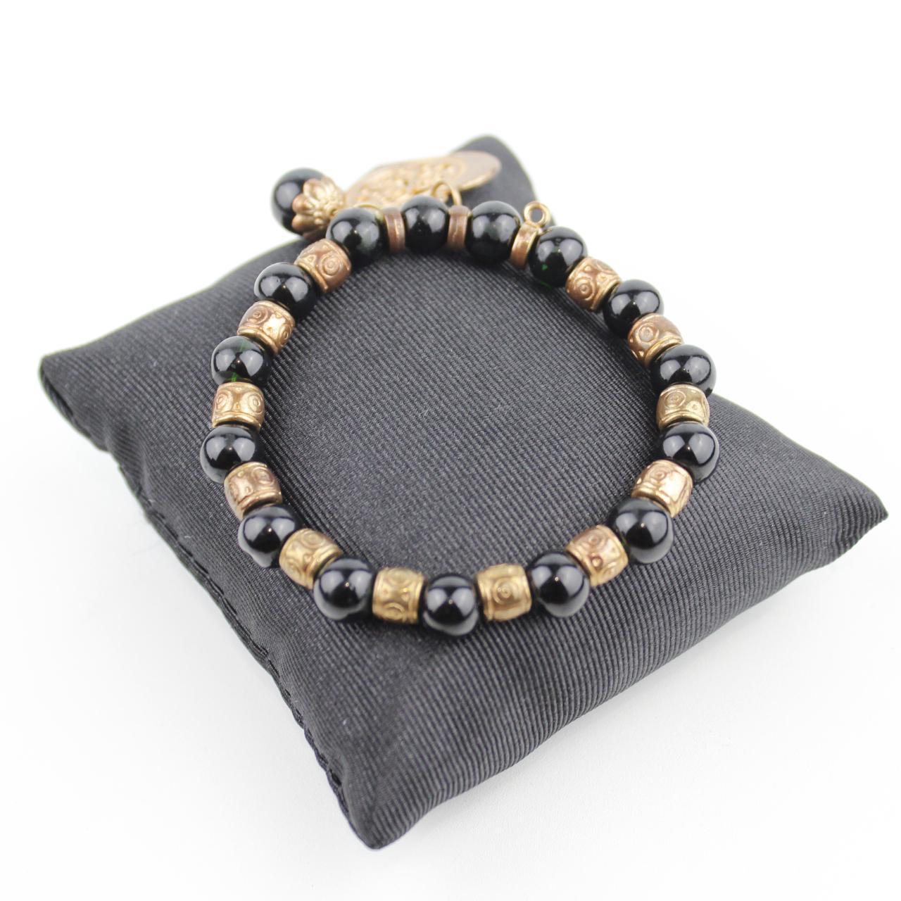 BlackBead Bracelet Gold Tone Spacer Heart Charm Jewelry Fash