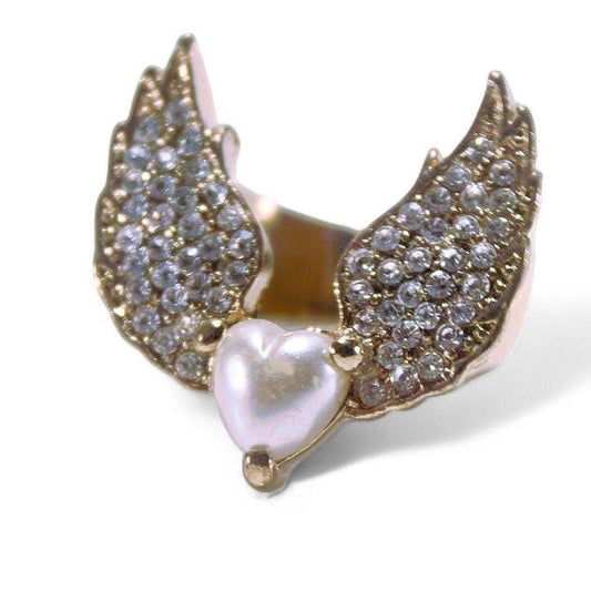 Gold Tone Angel Wing Ring Pave Rhinestone Faux Pearl