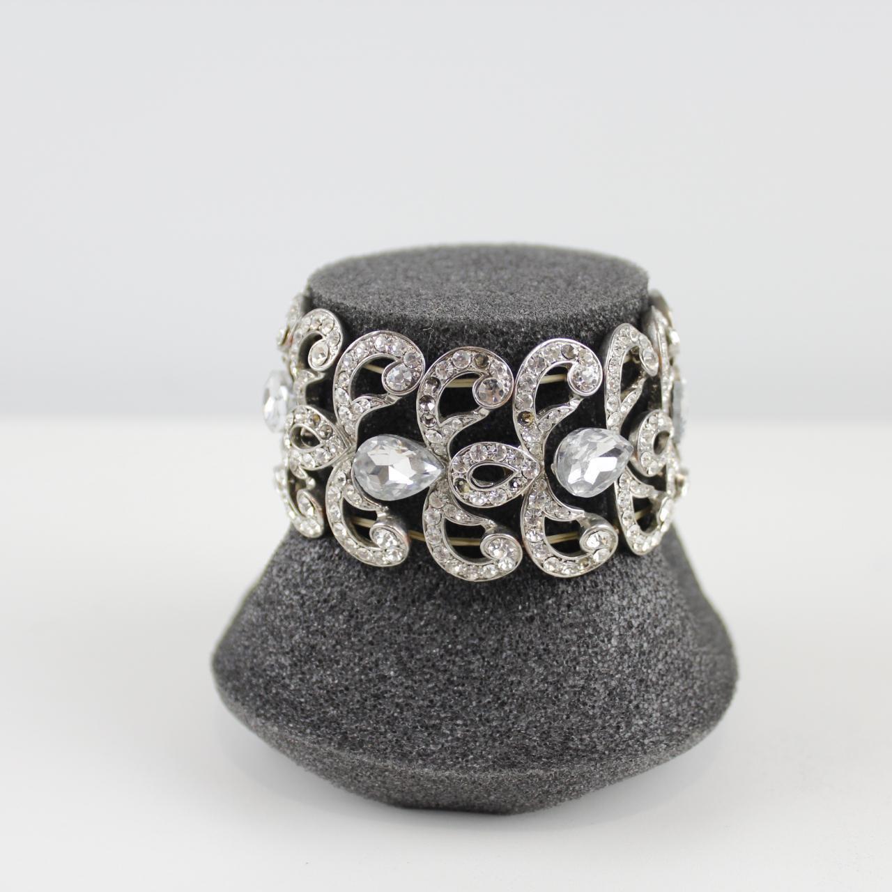 Rhinestone Filigree Style Bracelet - Silver-Tone - Vintage G