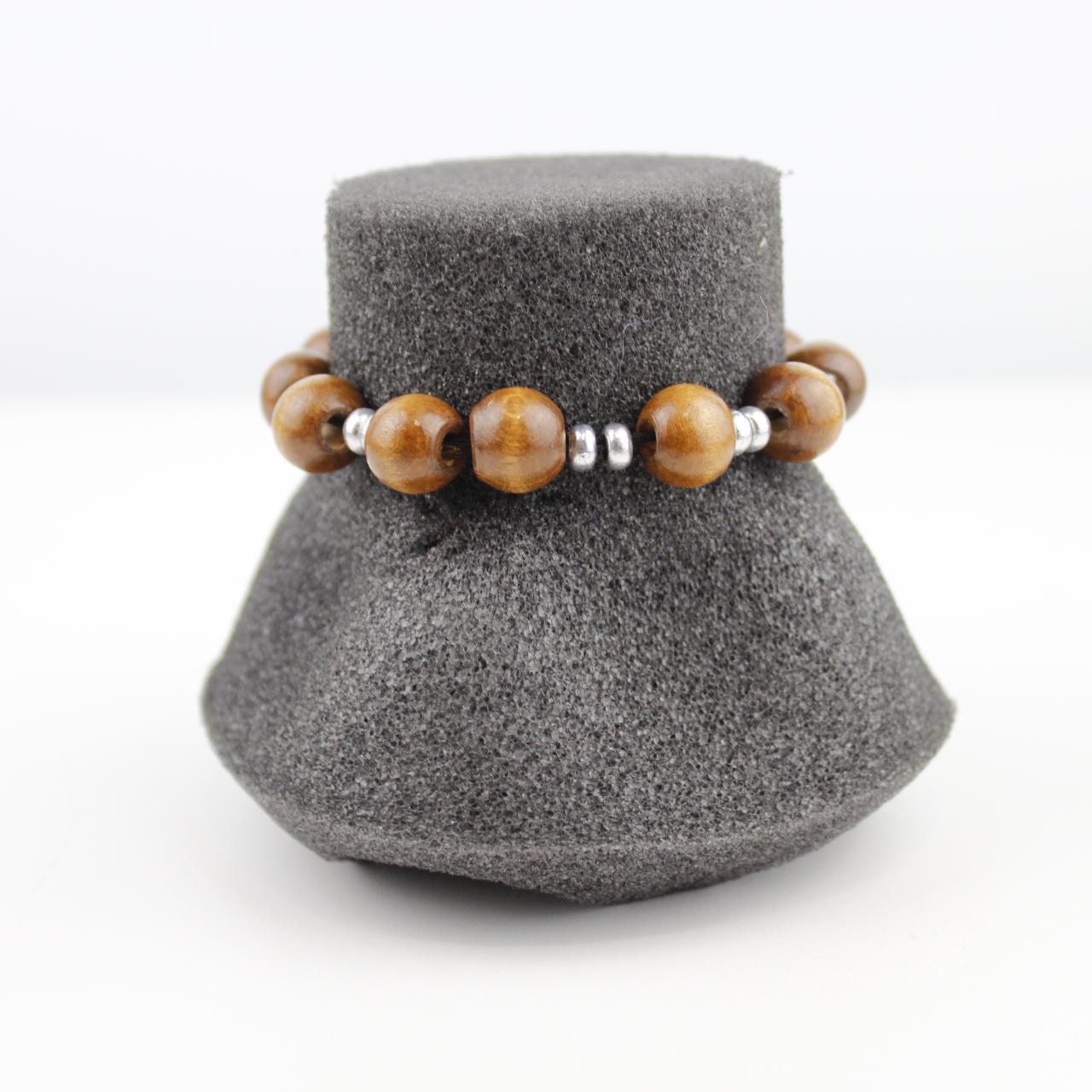 Stretch Wooden Bead Bracelet Brown Silver Spacer Jewelry Fas