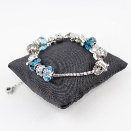 Silver Charm Bracelet Blue Crystal Beads Adjustable Dangle J