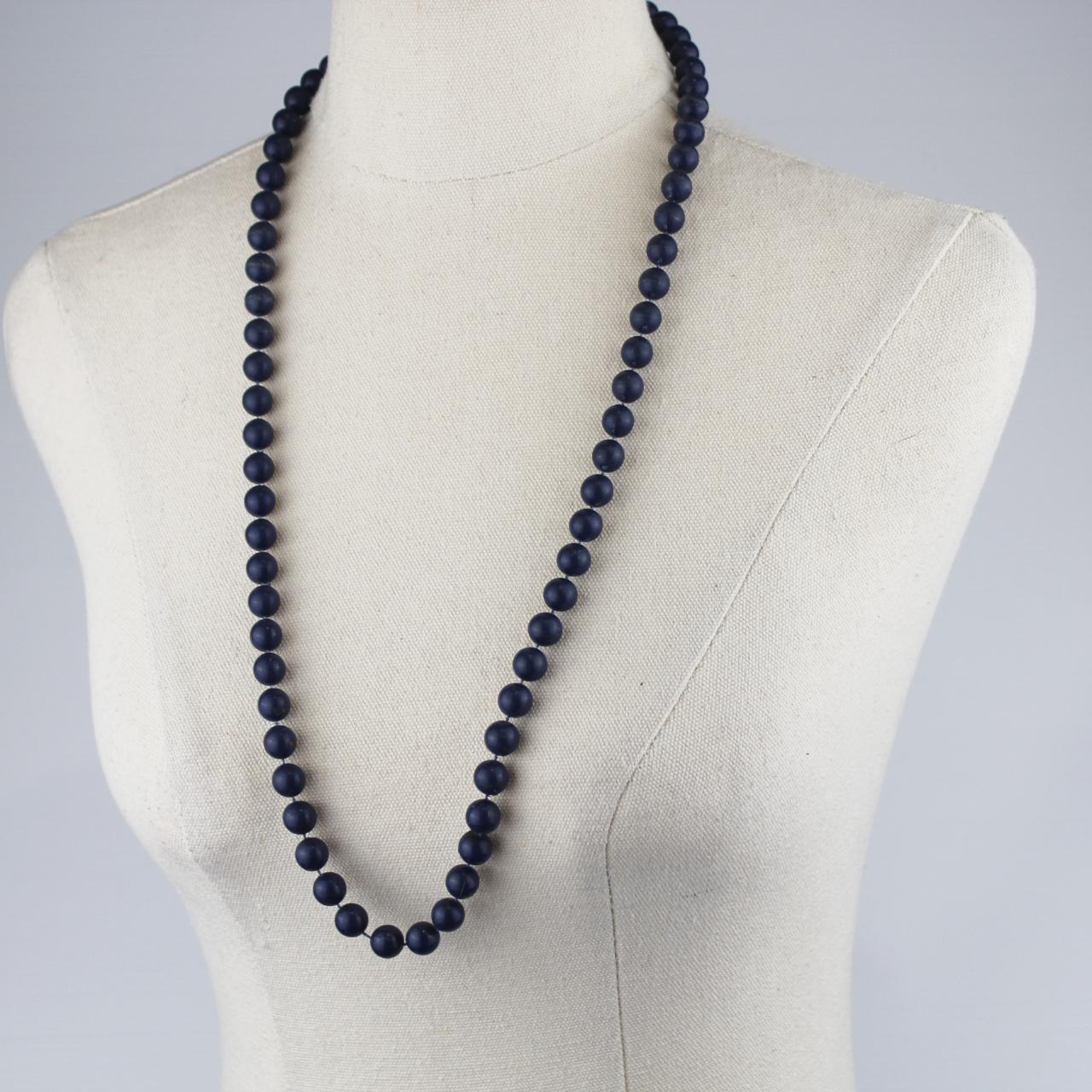 Long Beaded Necklace Dark Blue Round Beads Single Strand Cla