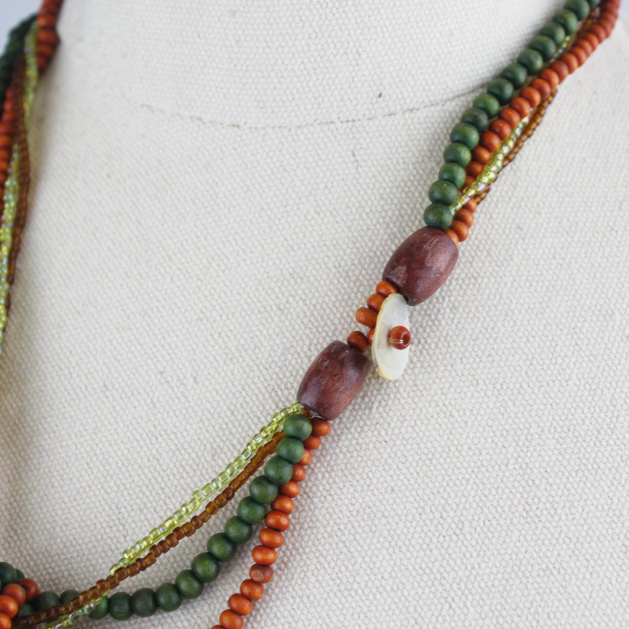 Bohemian Multi Strand Beaded Necklace Green Orange Brown Gla