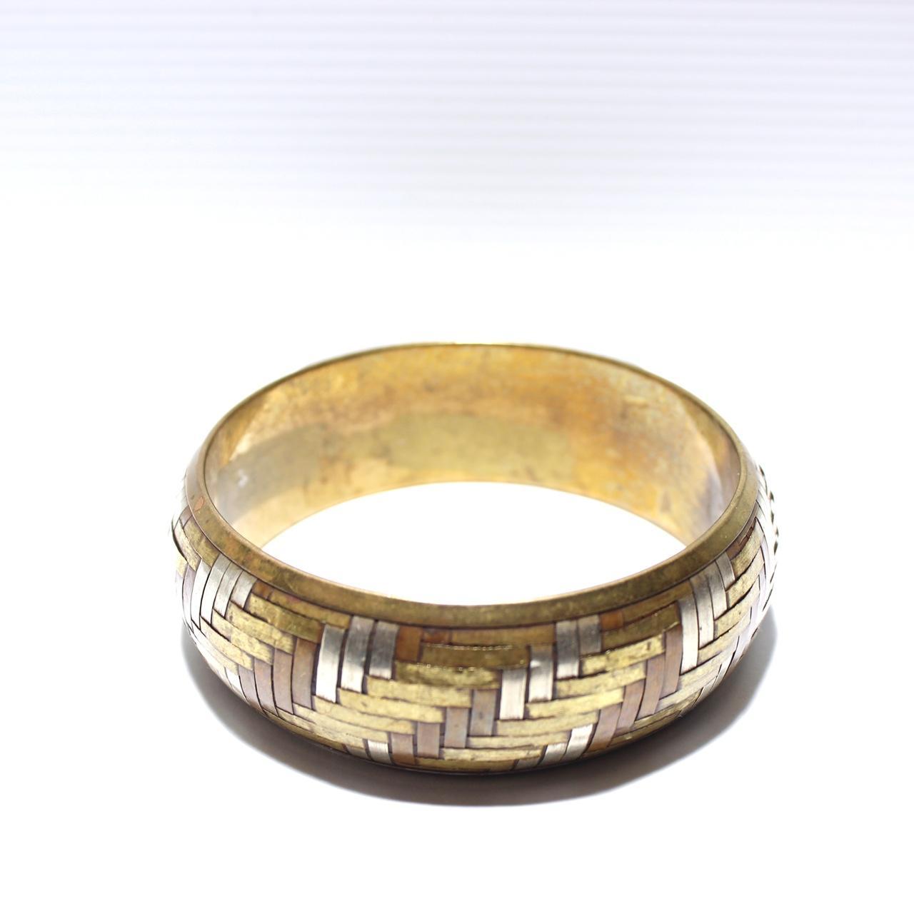 Vintage Tri Tone Woven Basketweave Bangle Bracelet Wide Gold