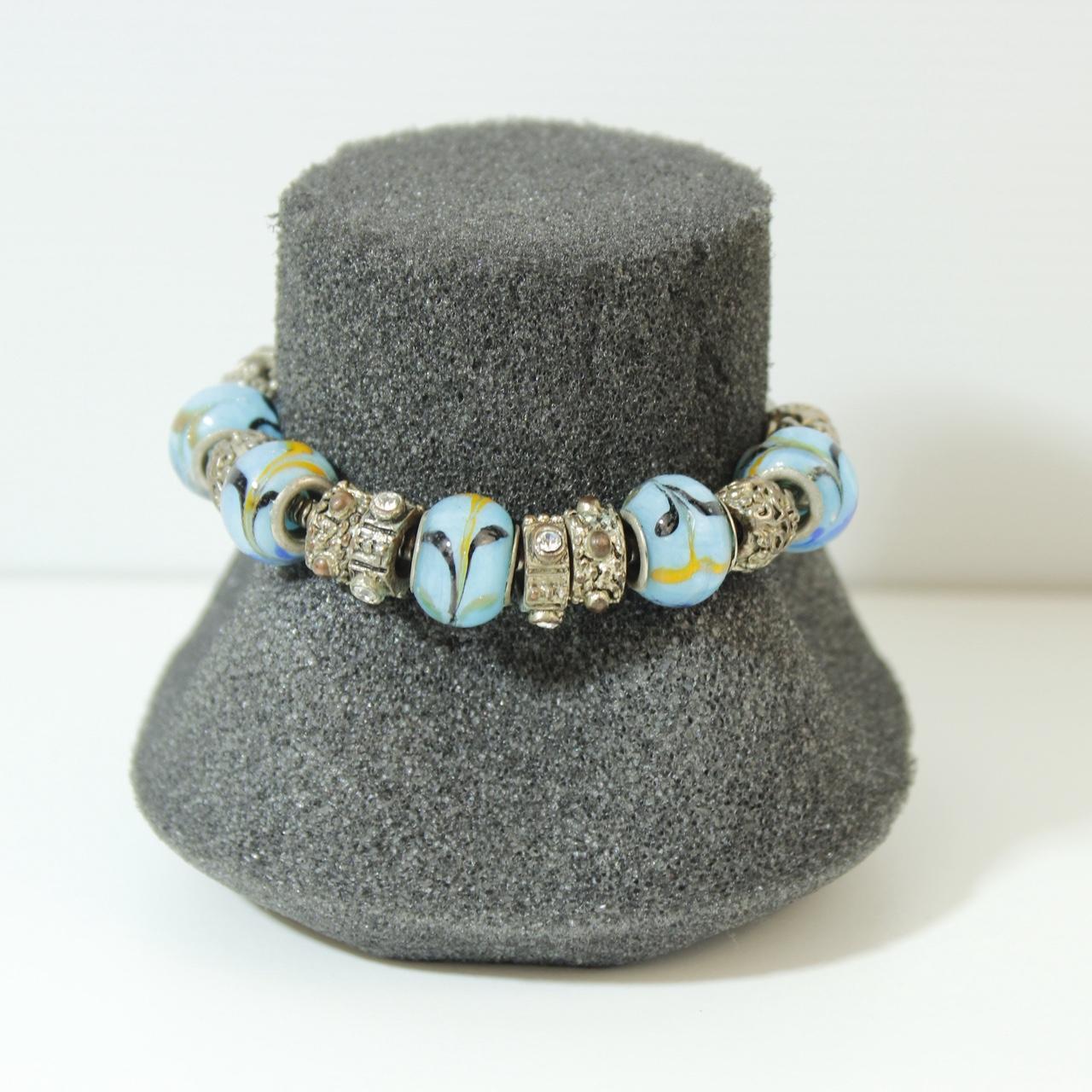 Light Blue Floral Glass Bead Charm Bracelet Silver Tone Clear Rhinestone Spacers