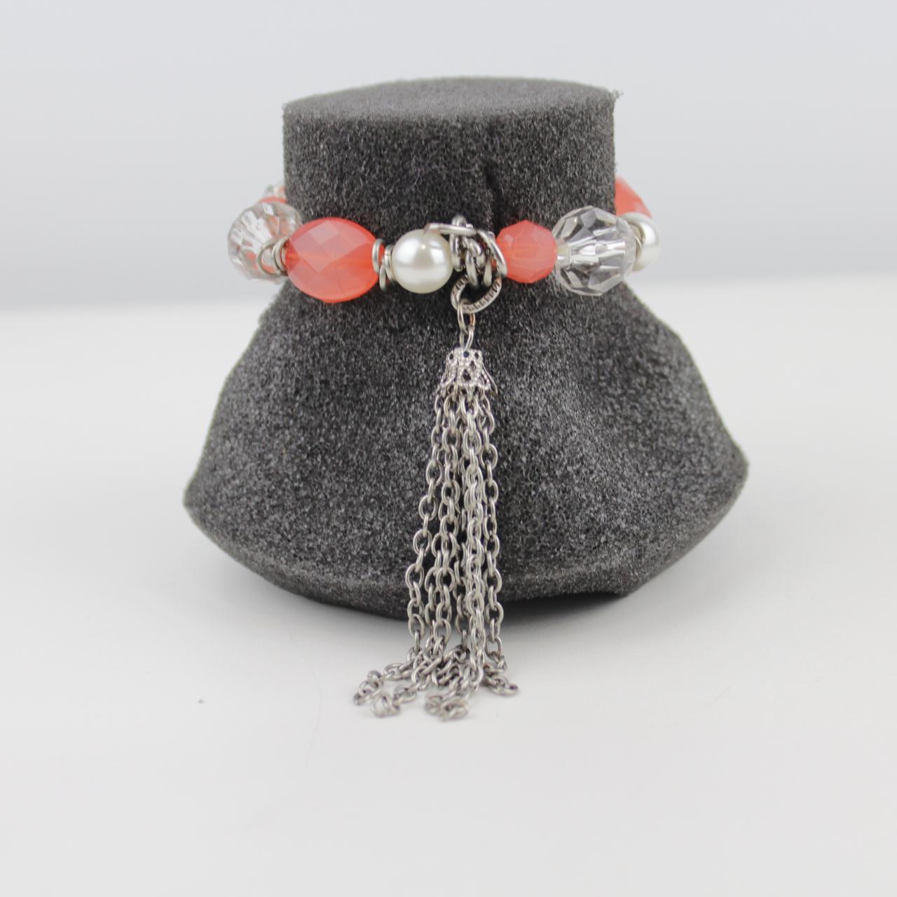 Handmade Coral Bead Bracelet Crystal Pearl Silver Tassel Cha