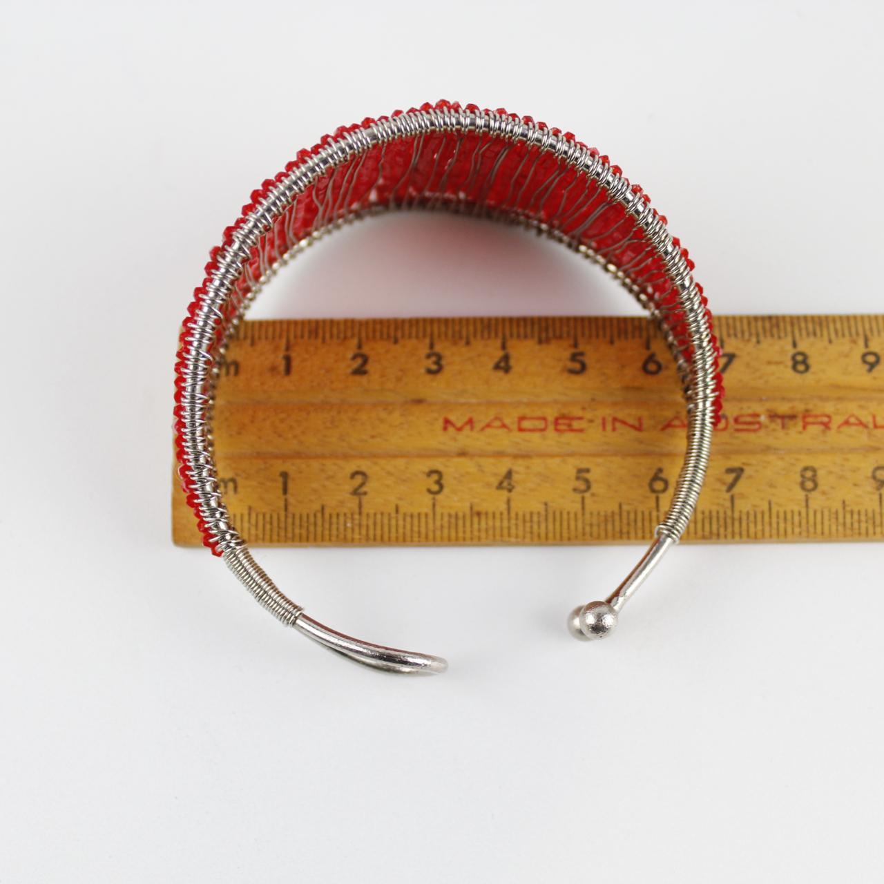 Red Coral Bead Bracelet - Silver Wire Wrapped - Unique Desig