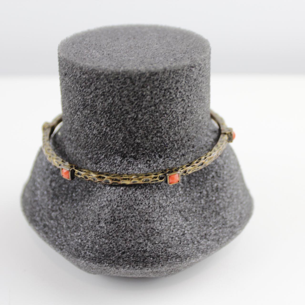 Vintage Bronze Tone Bangle Bracelet Red Square Stone Texture