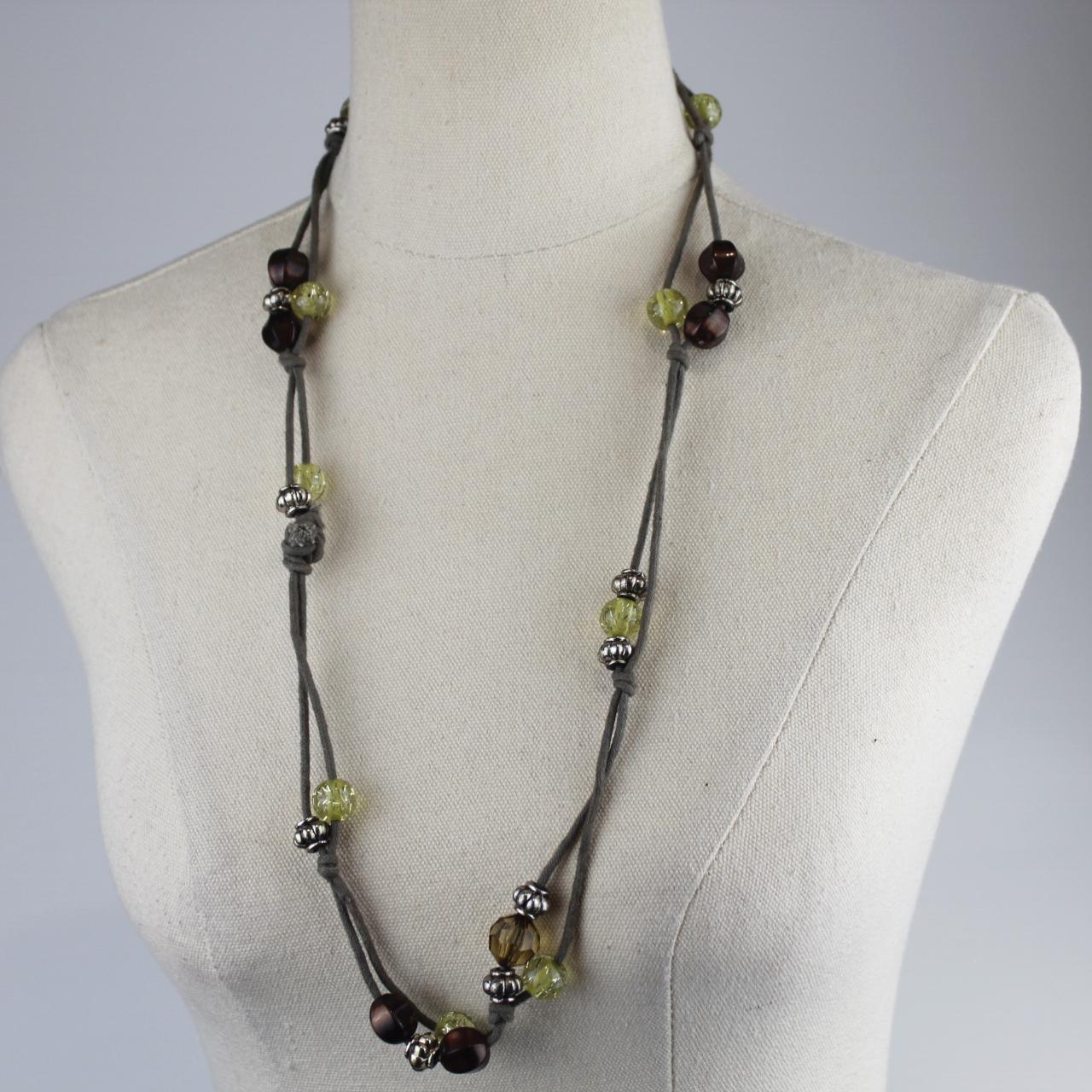 Long Multi Strand Beaded Necklace Gray Cord Brown Green Ambe