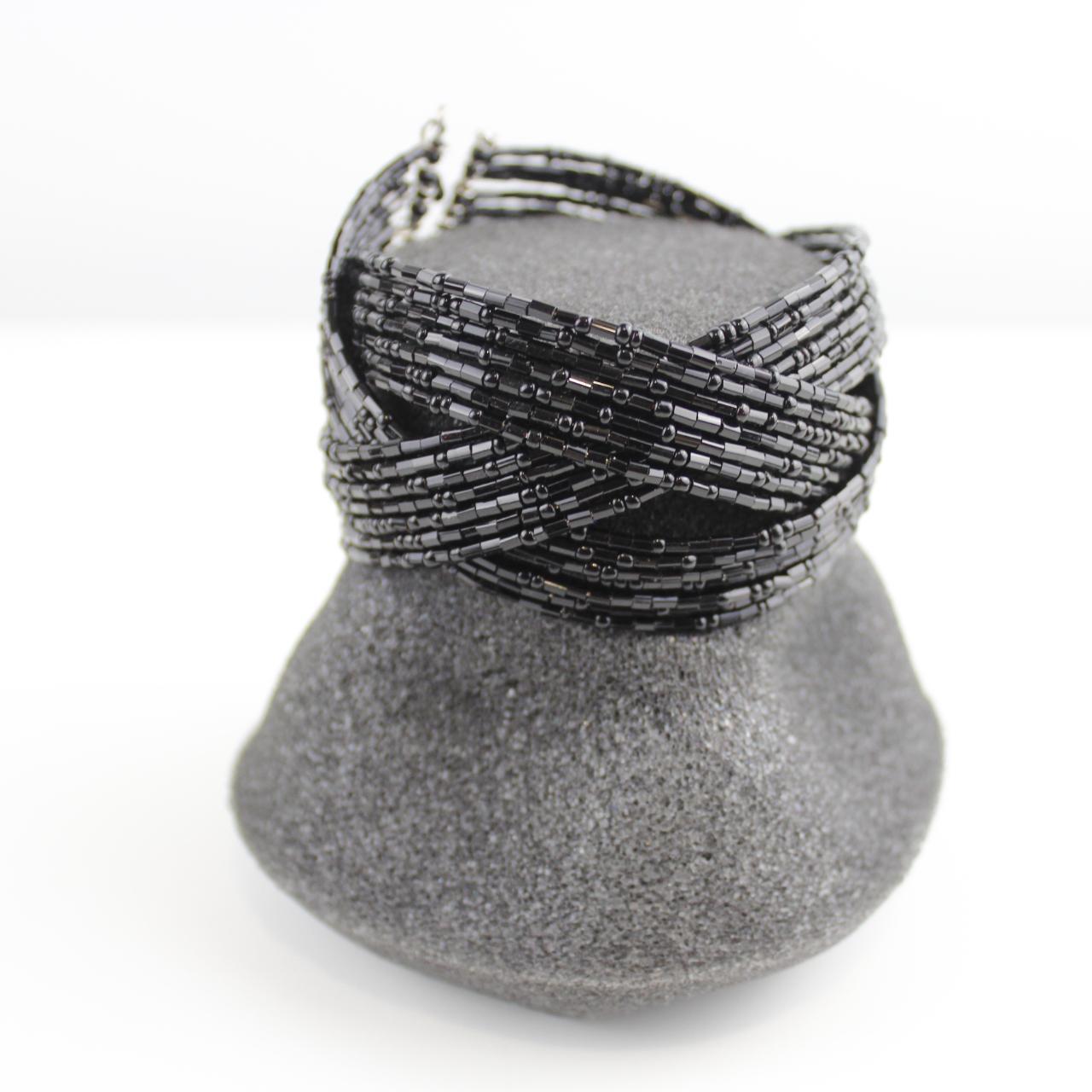 Gothic Black Beaded Cuff - Wide Bracelet - Statement Piece -
