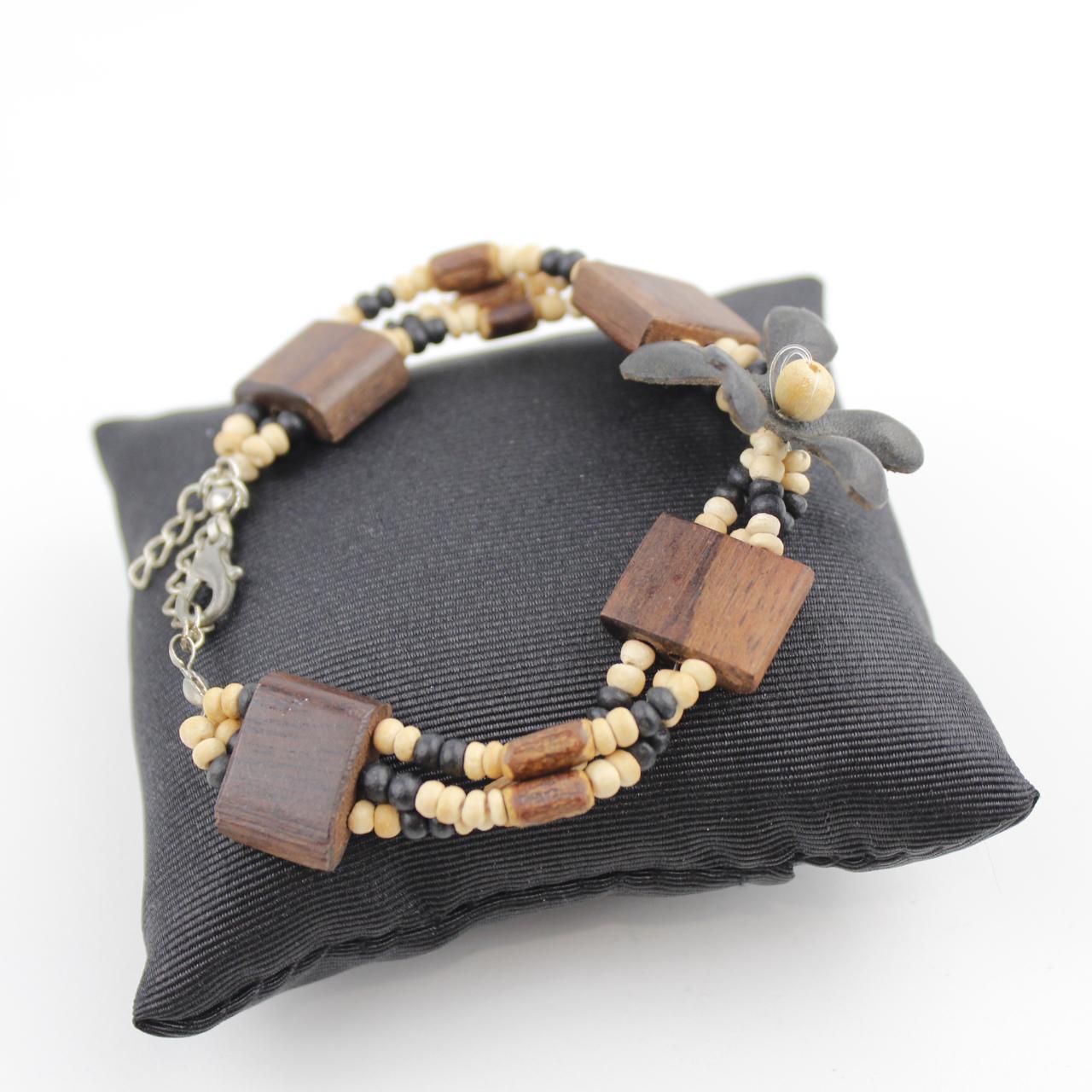 Multi Strand Beaded Bracelet Black White Beige Wooden Beads