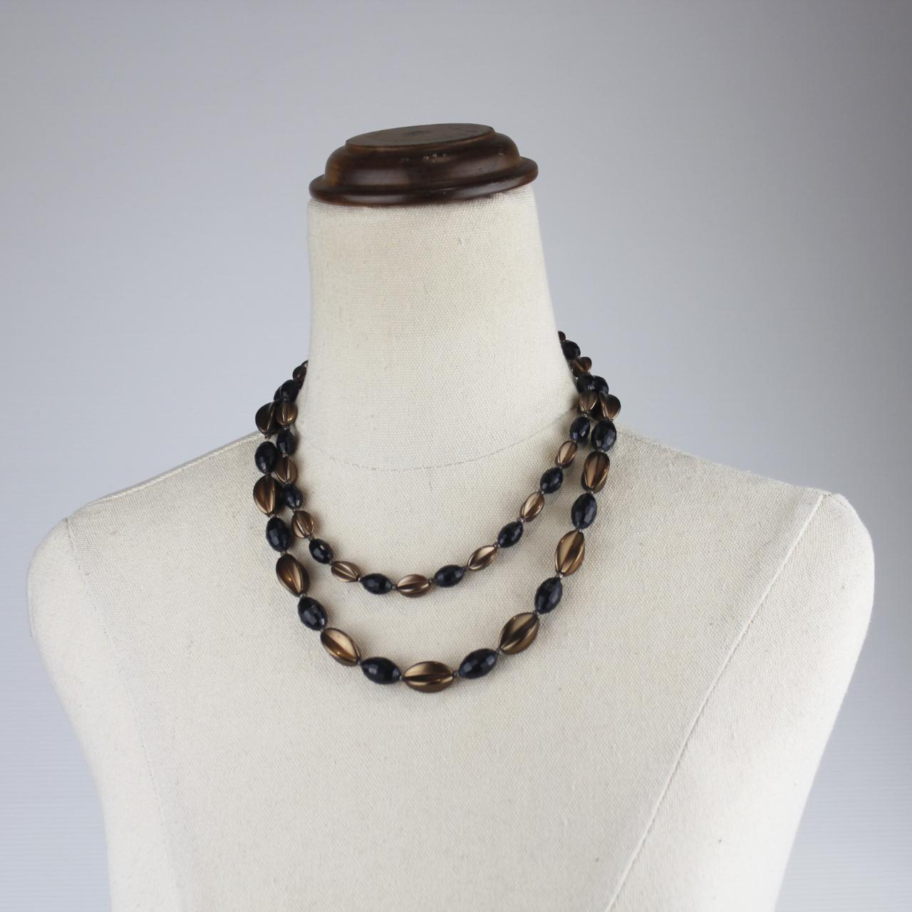 Multi Strand Beaded Necklace Black Bronze Oval Beads Fashion