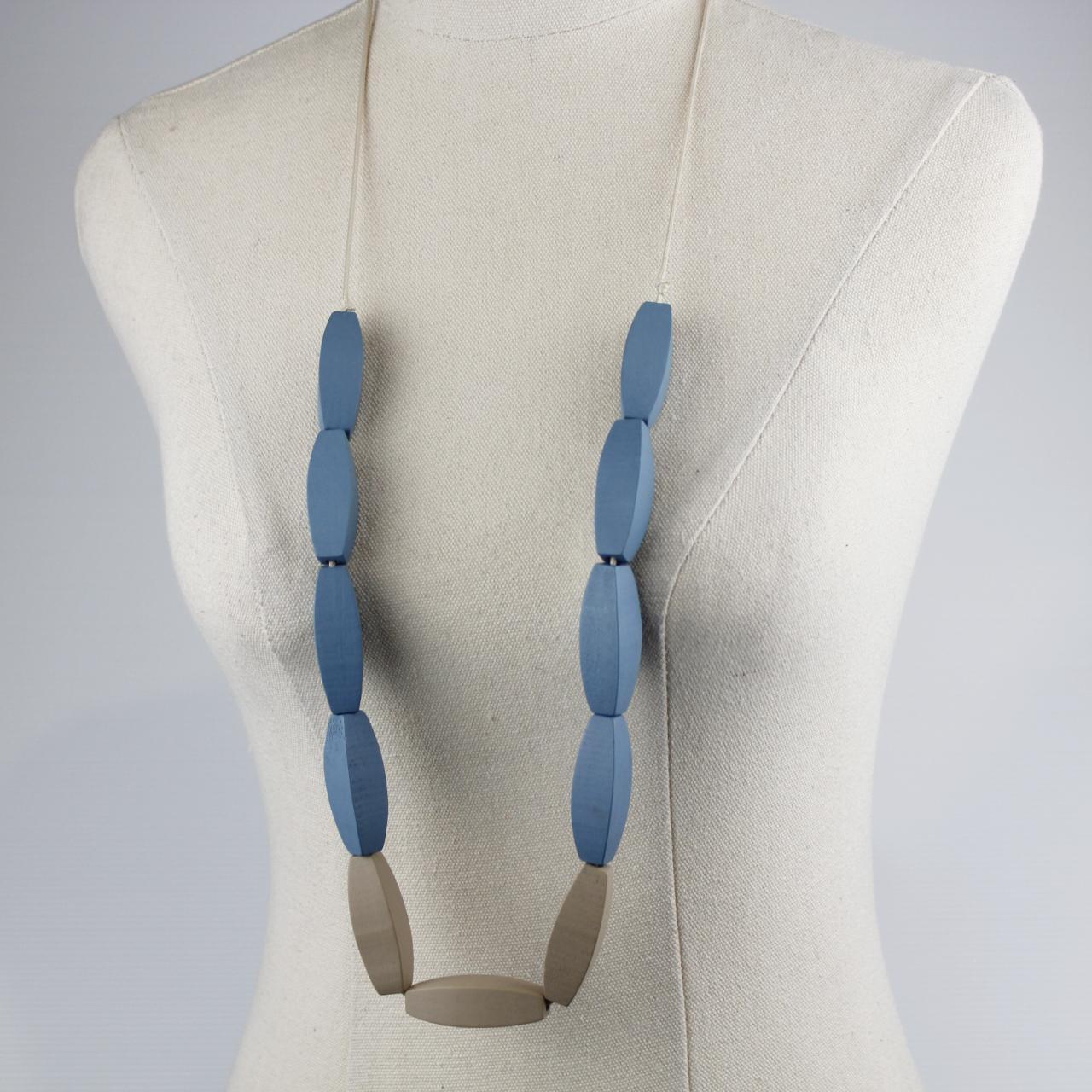 Long Beaded Necklace Blue Taupe Large Cylindrical Beads Wood