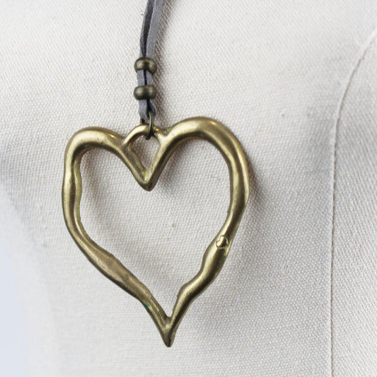 Long Pendant Necklace Gray Cord Gold Heart Pendant Rustic Ha
