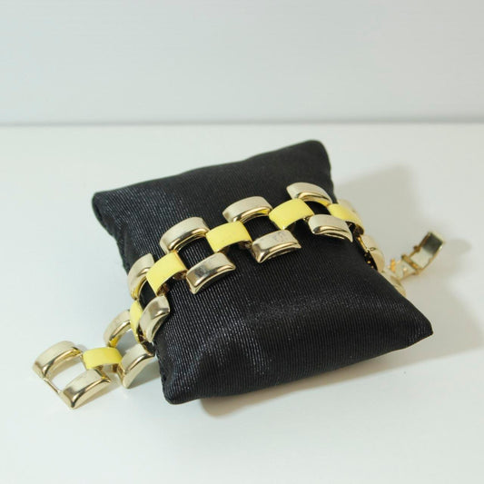 Vintage Gold Tone Yellow Enamel Panel Link Bracelet Retro Statement Chunky