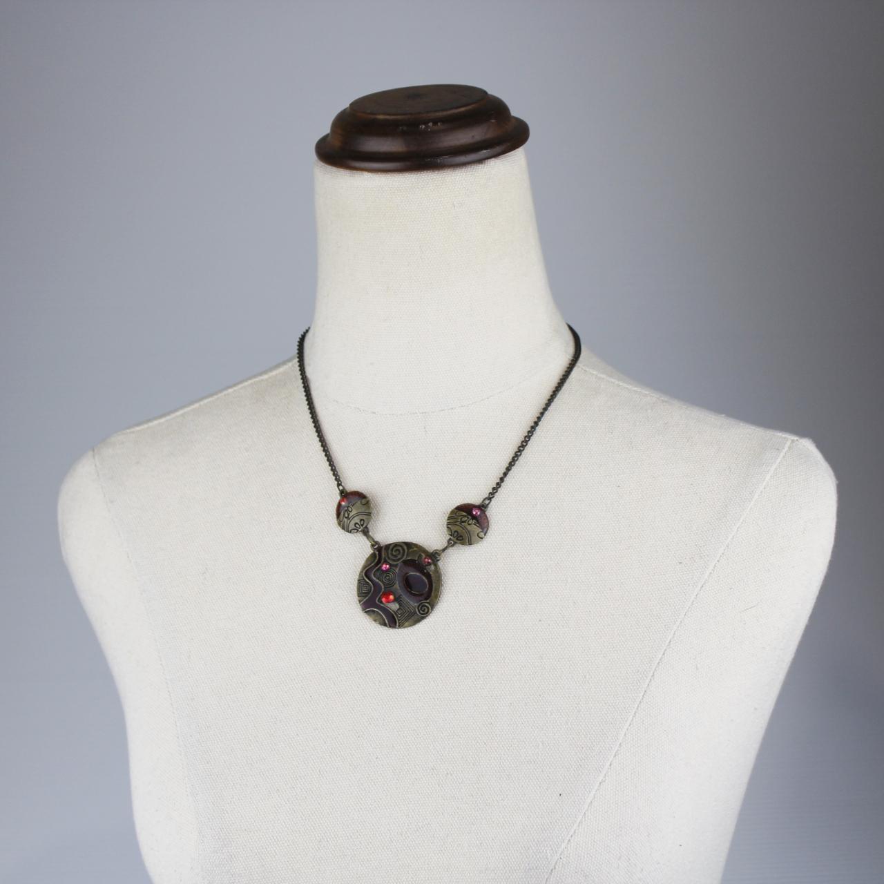 Pendant Necklace Black Chain Marbled Circular Pendant Red Pu