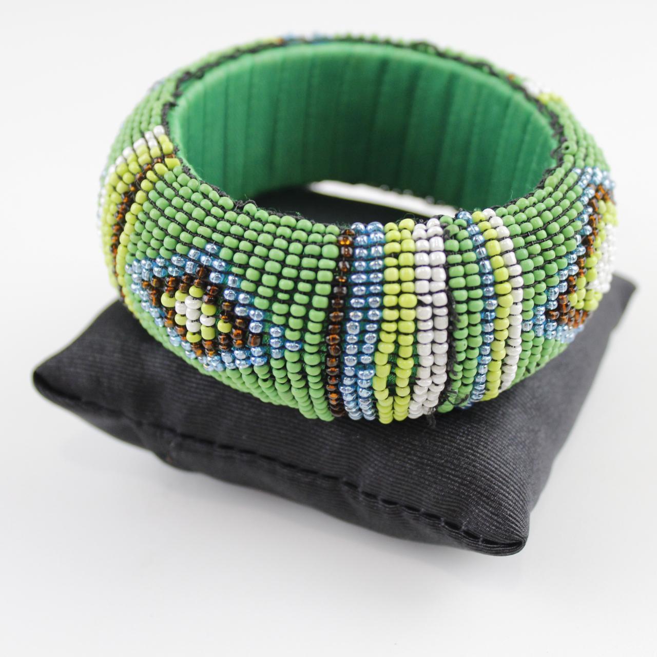 Tribal Inspired Seed Bead Bangle - Green, White, Blue, Yello