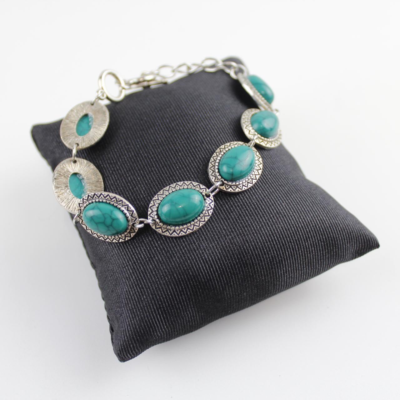 Vintage Turquoise & Silver colour Bracelet Oval Boho Stateme