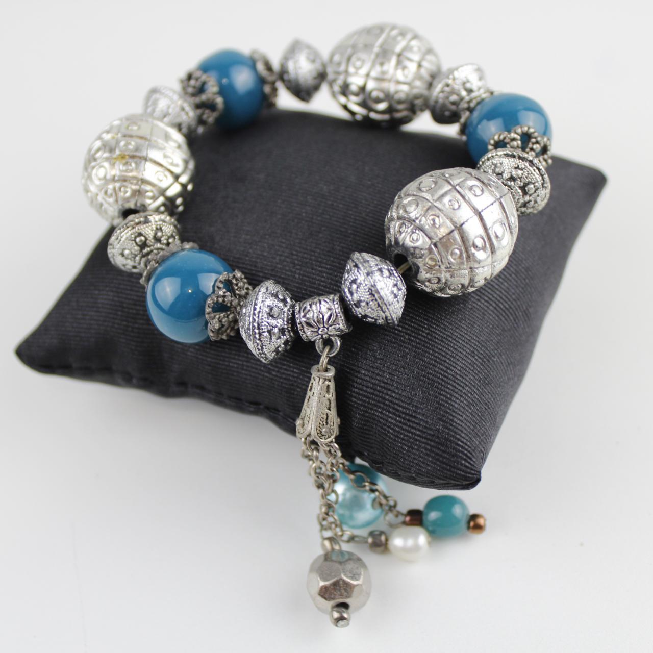 Boho Blue Beaded Bracelet Silver Tone Charm Dangle Fashion J