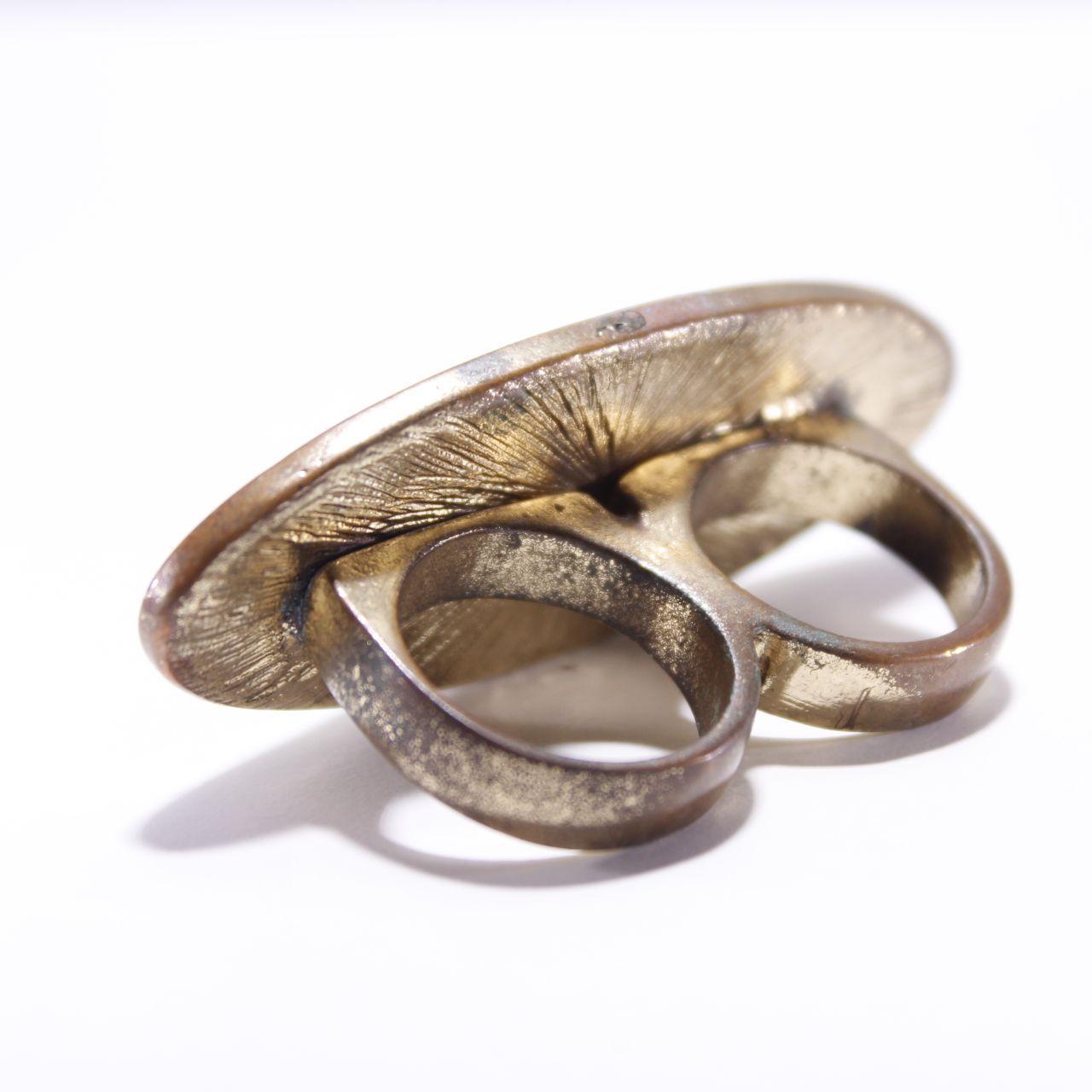 Two Finger Ring Oval Faceted Green Stone Gold Tone Statement