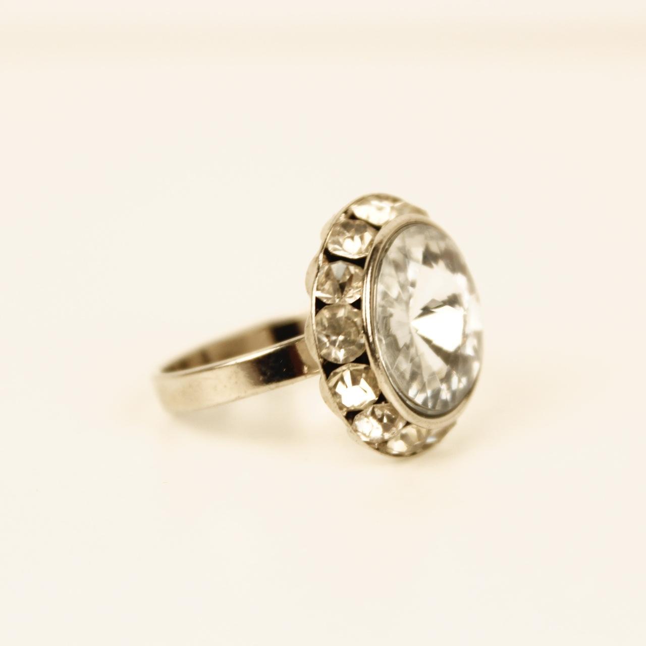 Silver Tone Cocktail Ring Size R Round Cut Clear Cluster Statement Glamour