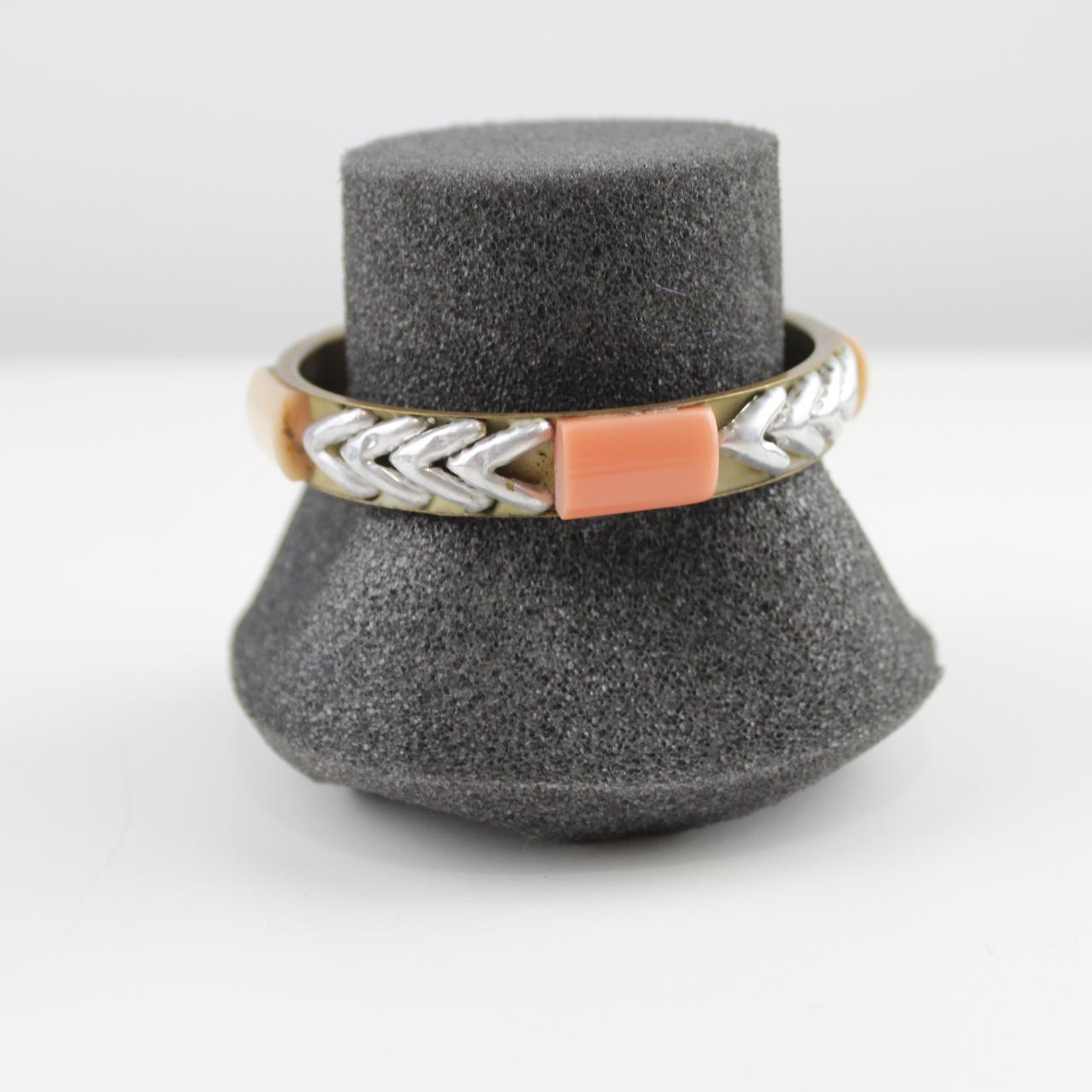 Bohemian Gold-Tone Bangle Bracelet Coral Inlay Silver Chevro