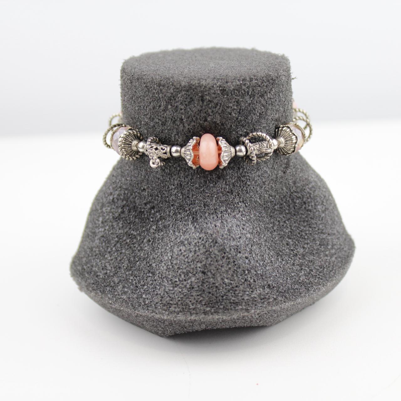 Vintage Silver Charm Bracelet with Pink and Clear Beads Eleg