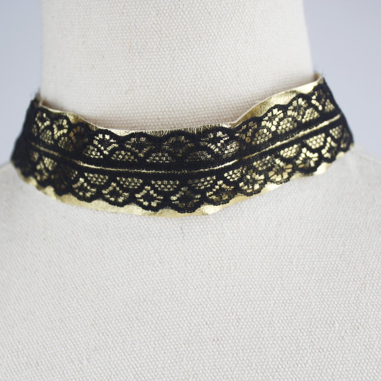 Choker Necklace Black Lace Gold Metallic Accents Wide Band E