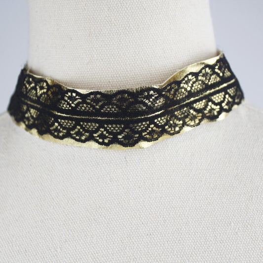 Choker Necklace Black Lace Gold Metallic Accents Wide Band E