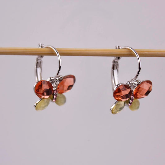Butterfly Crystal Leverback Earrings Silver tone Orange Yellow Dangle Drop Fashi