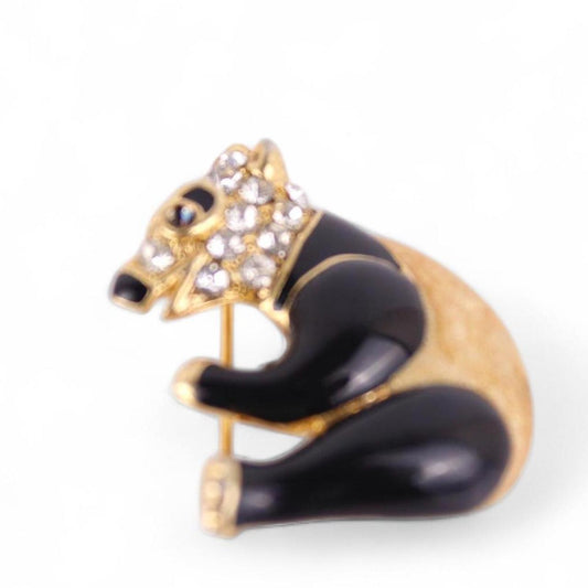 Panda Bear Brooch Gold tone Enamel Rhinestone Animal Bamboo Jewellery Pin  Good