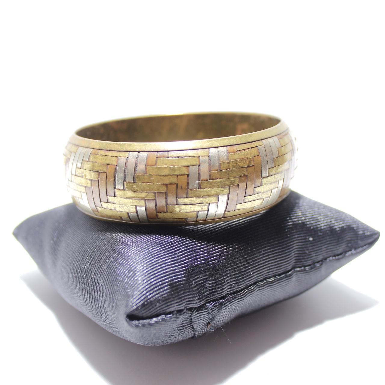 Vintage Tri Tone Woven Basketweave Bangle Bracelet Wide Gold