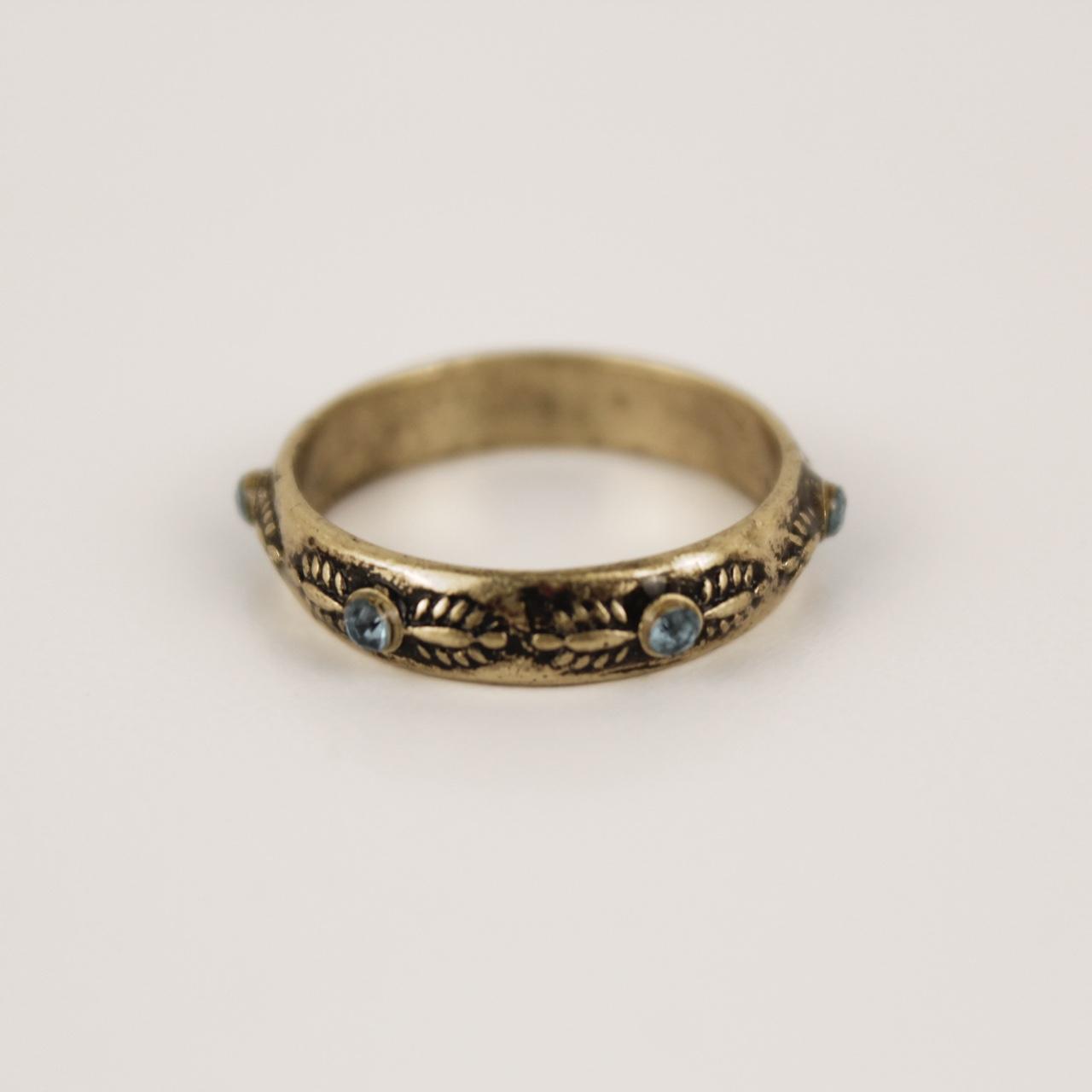 Gold Tone Etched Band Ring Blue Crystal Accents Boho Stackable Engraved Jeweller