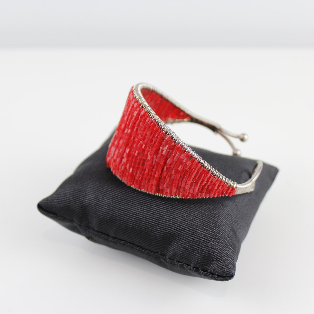 Red Coral Bead Bracelet - Silver Wire Wrapped - Unique Desig