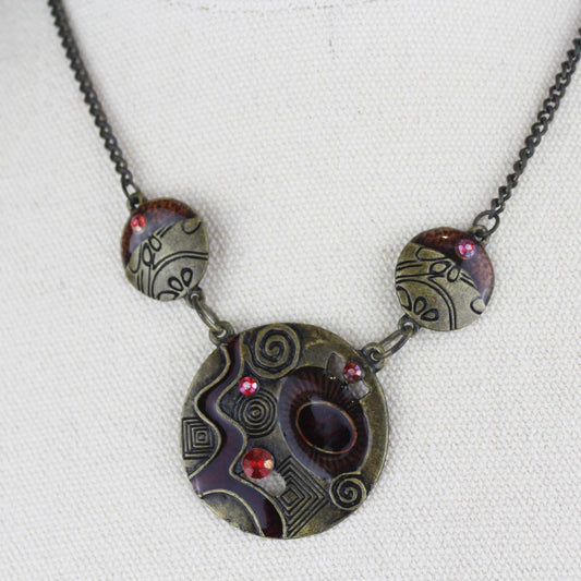 Pendant Necklace Black Chain Marbled Circular Pendant Red Pu