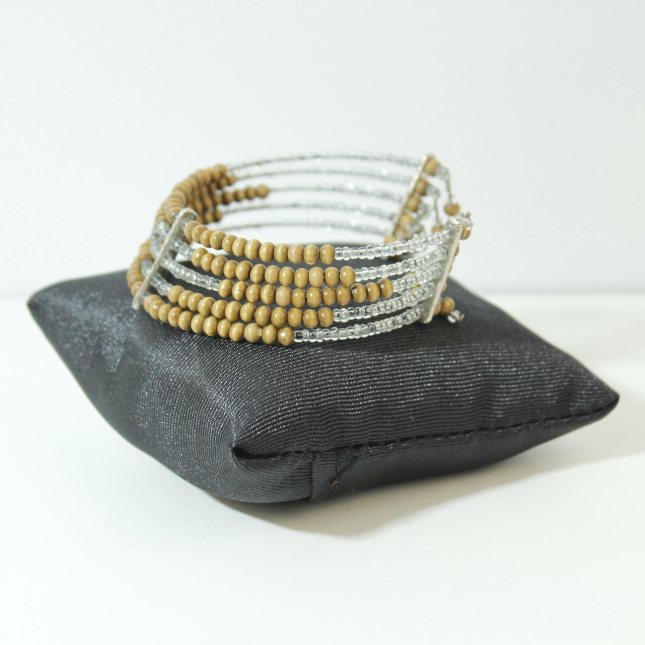Multi Row Beaded Cuff Bracelet Silver Gold Tone Stacked Statement Coil Wrap