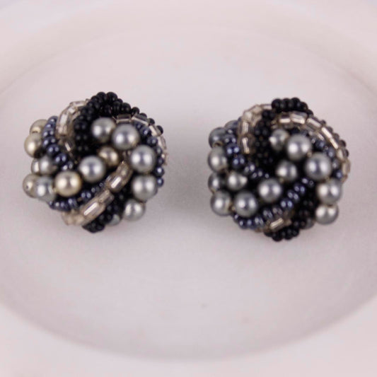 Vintage Beaded Cluster Earrings Grey Black Faceted Clip On Silver tone Round Sta