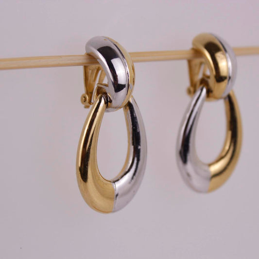 Two Tone Gold tone Silver tone Door Knocker Earrings Clip On Vintage Style Hoop