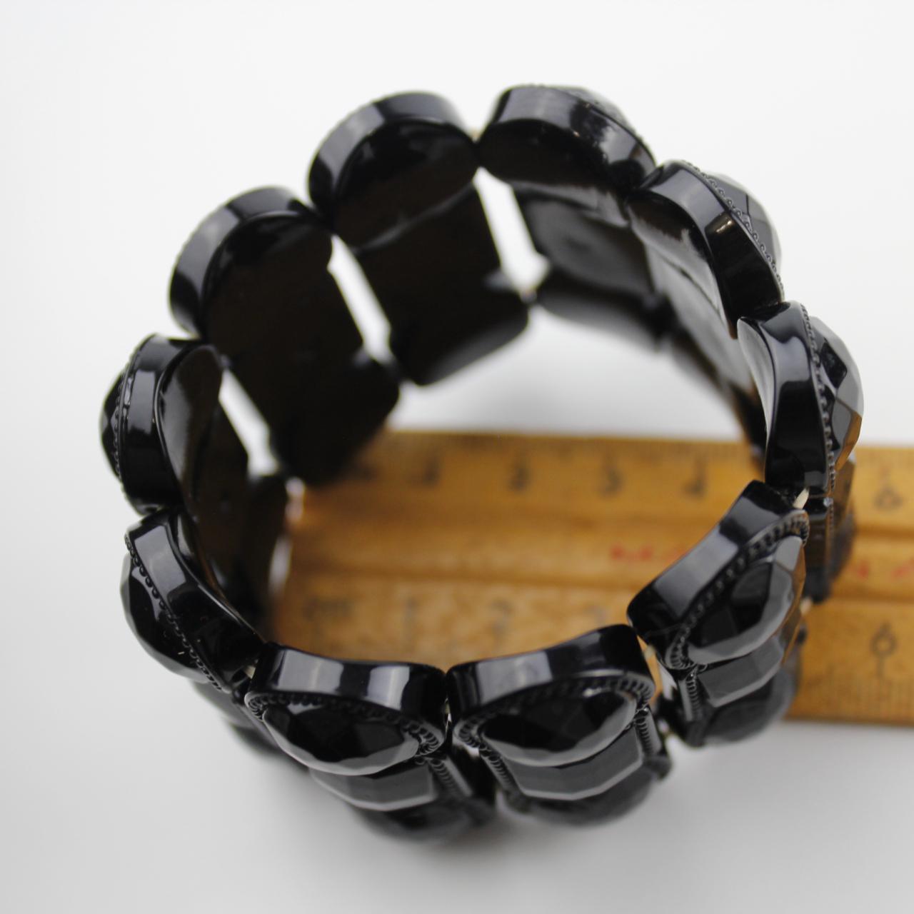 Black Faceted Bead Bracelet Statement Jewelry Bold Multi Row