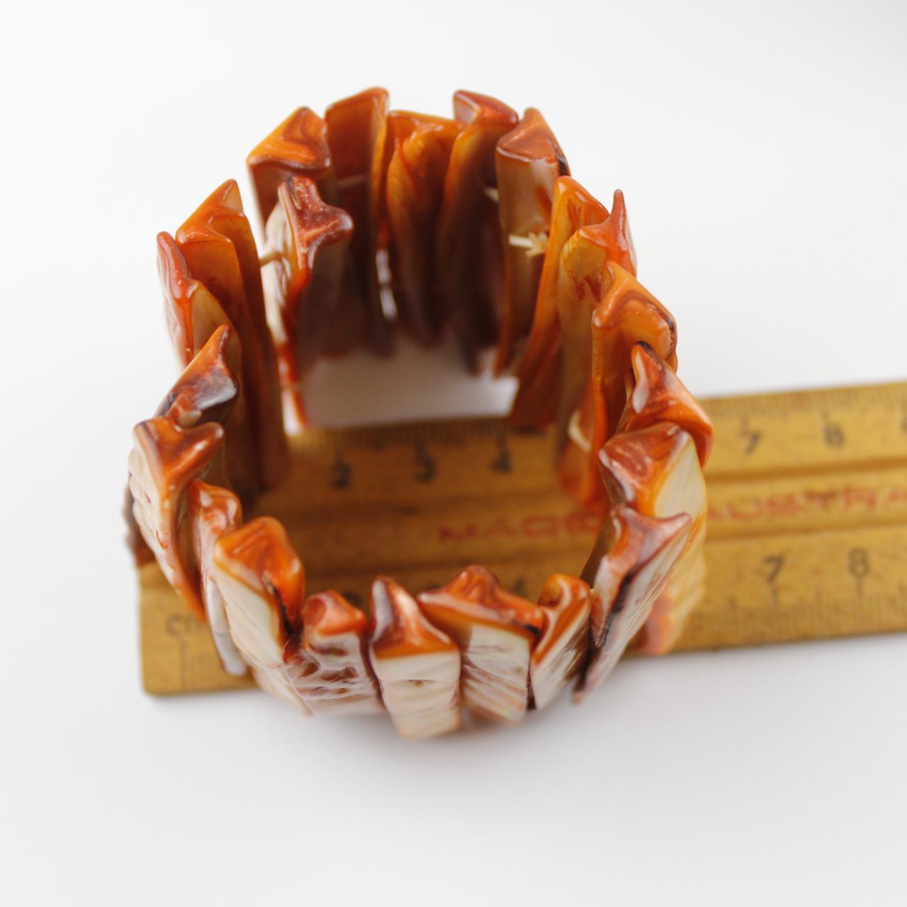 Orange Abalone Shell Bead Bracelet Rectangular Tile Boho Sta