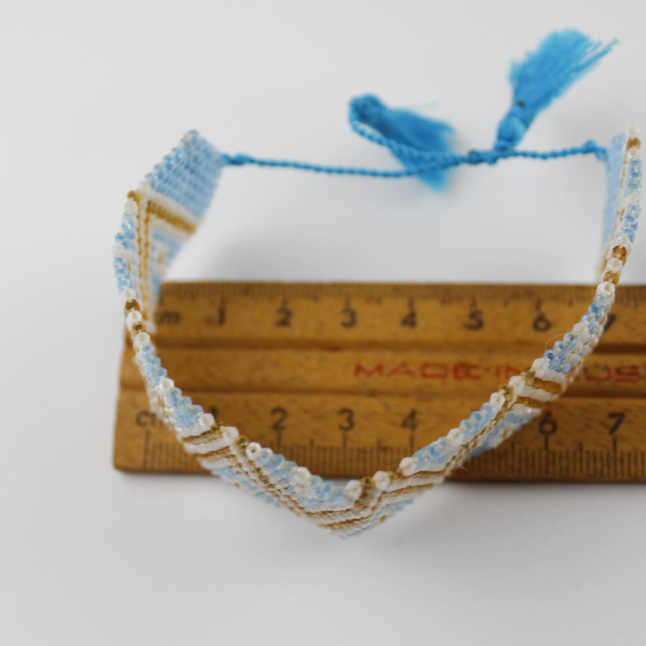 Beaded Bracelet - Geometric Zigzag Pattern - Blue, White & G