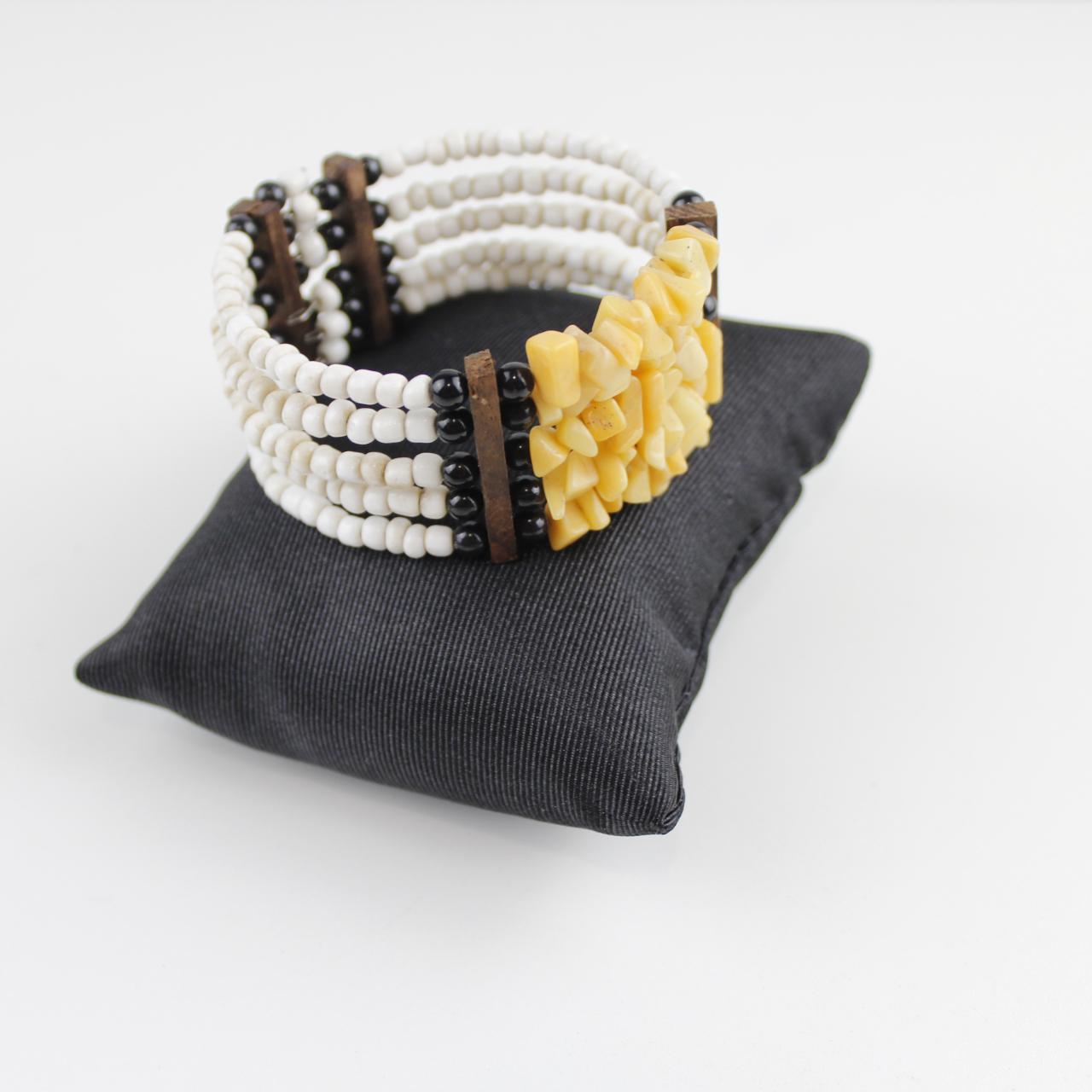 Boho Yellow Stone & White Bead Cuff Bracelet Tribal Statemen